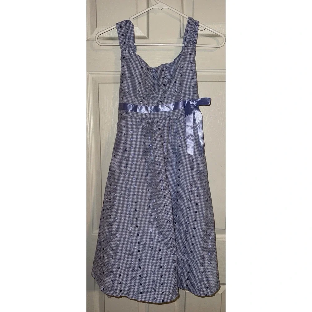 Bonnie Jean Spring Dress Girls 14.5 , Blue Gingham Seersucker , Embroider Easter
